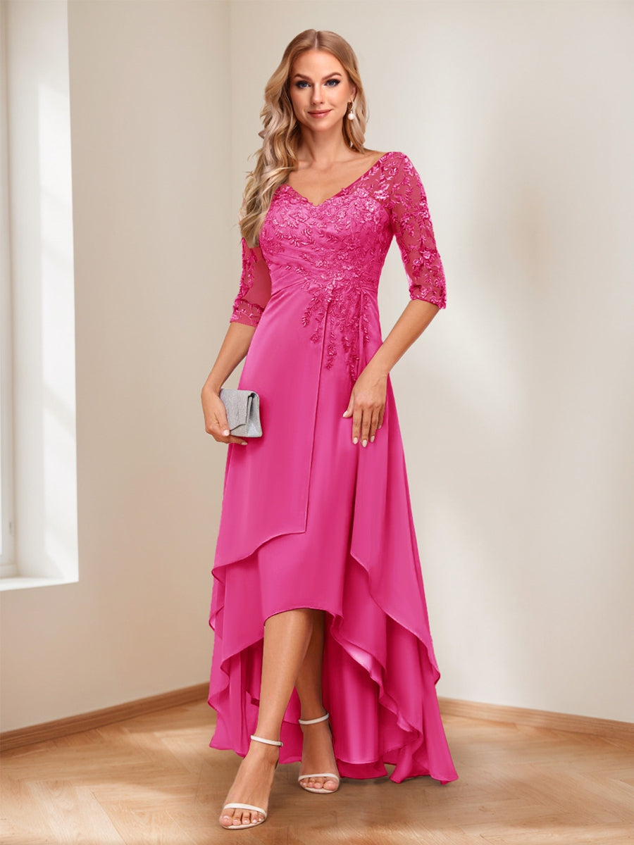 A-Line V-Neck Half Sleeves Asymmetrical Mother of the Bride Dress
