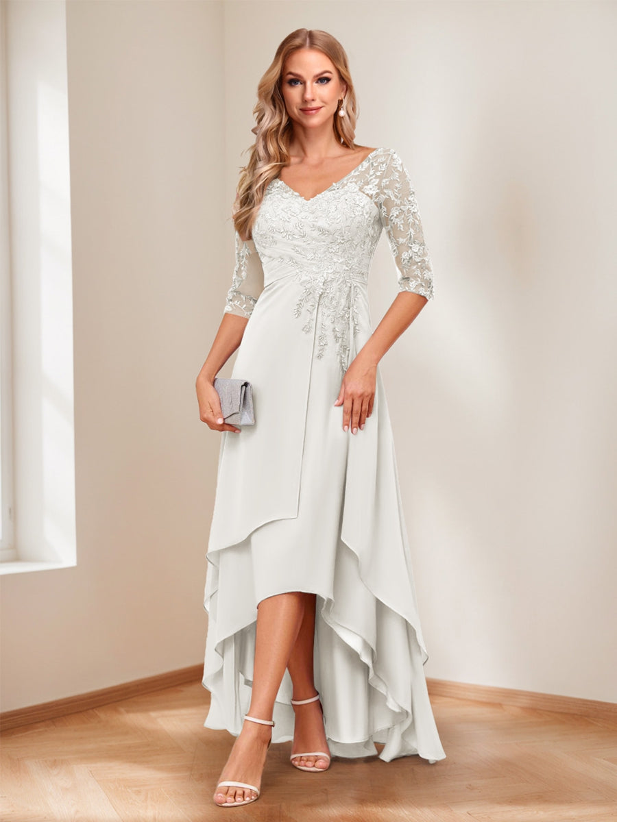 A-Line V-Neck Half Sleeves Asymmetrical Mother of the Bride Dress
