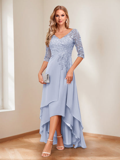 A-Line V-Neck Half Sleeves Asymmetrical Mother of the Bride Dress
