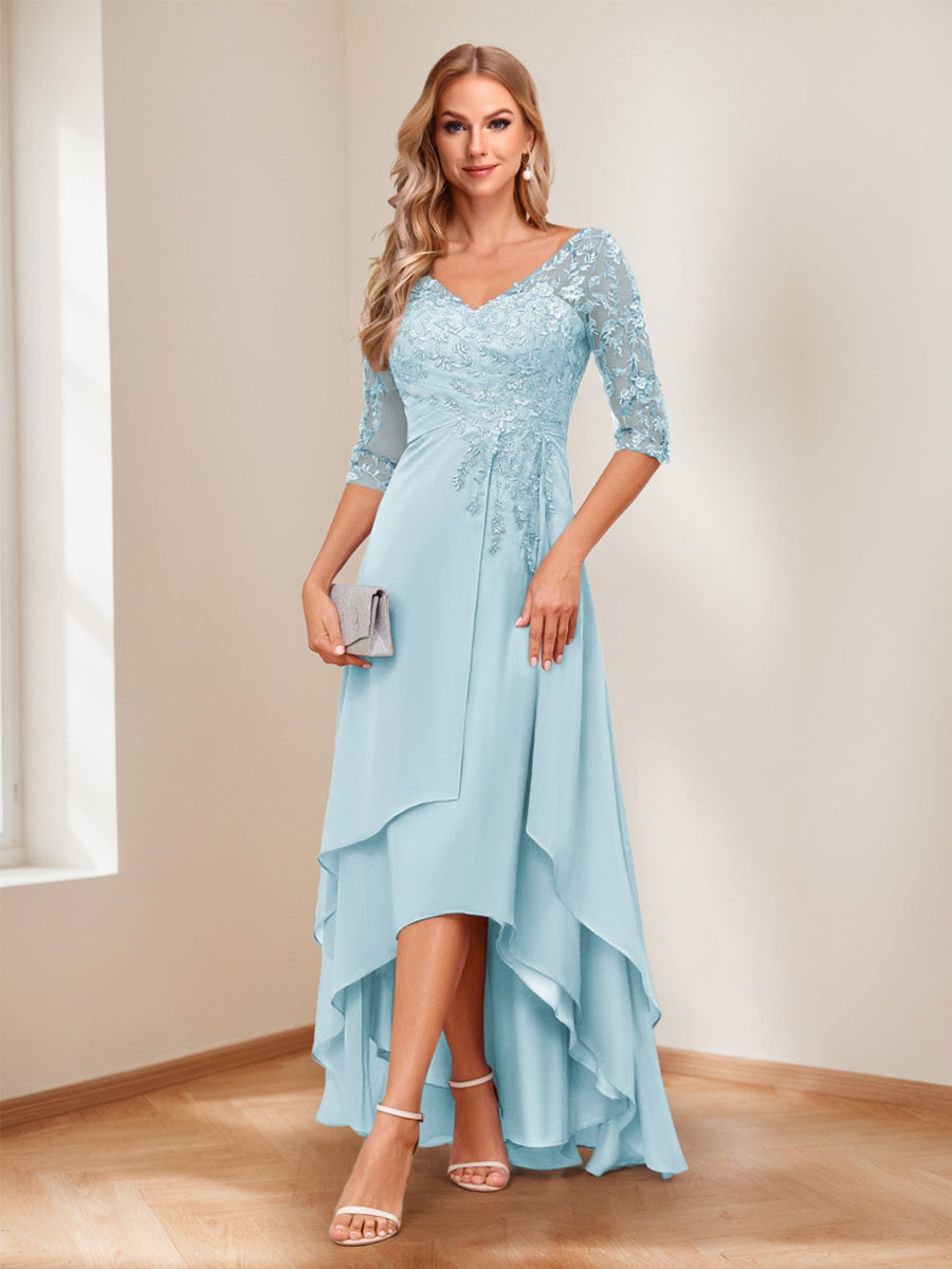 A-Line V-Neck Half Sleeves Asymmetrical Mother of the Bride Dress