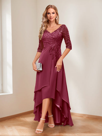 A-Line V-Neck Half Sleeves Asymmetrical Mother of the Bride Dress
