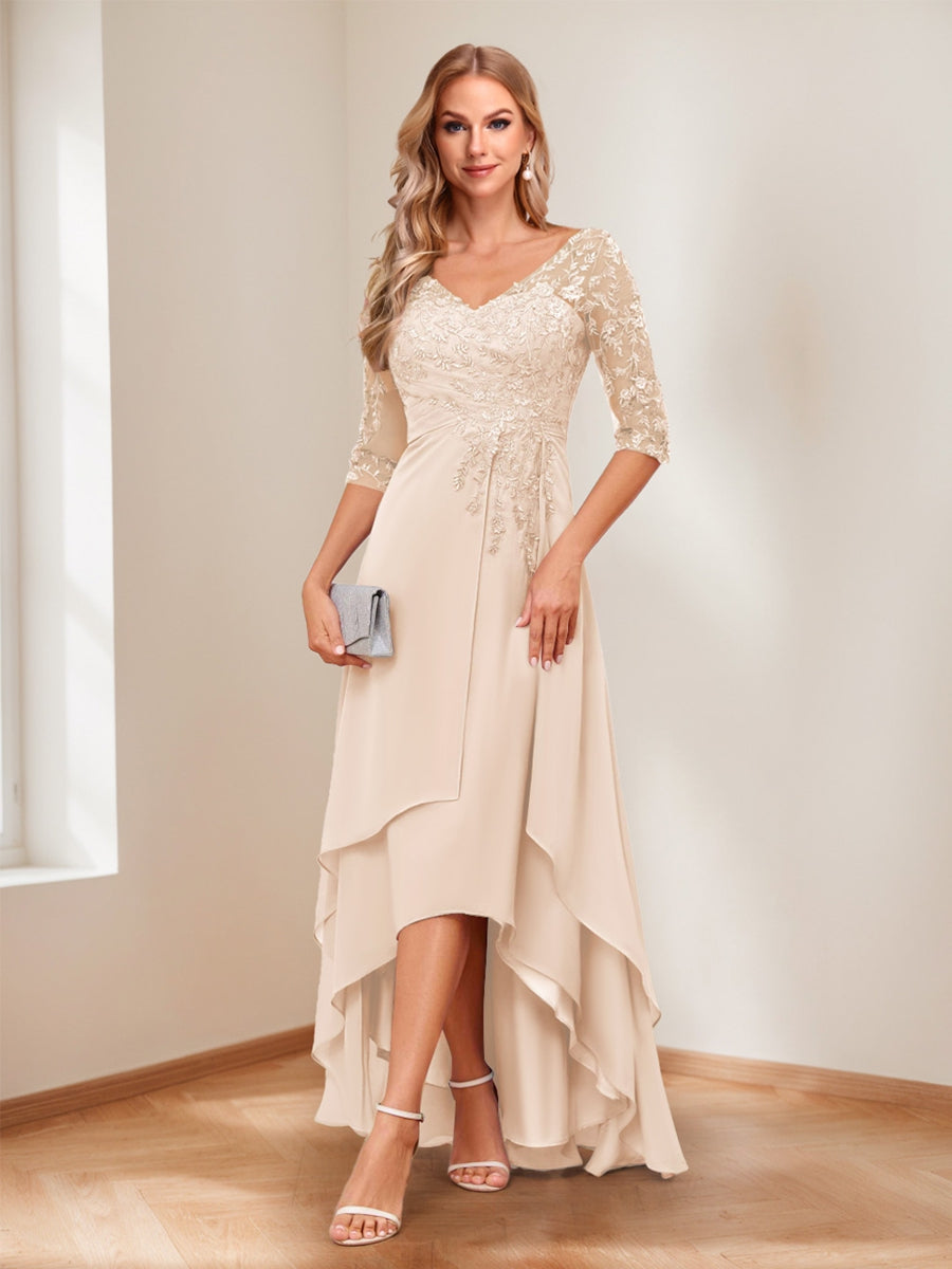 A-Line V-Neck Half Sleeves Asymmetrical Mother of the Bride Dress