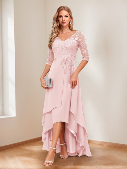 A-Line V-Neck Half Sleeves Asymmetrical Mother of the Bride Dress
