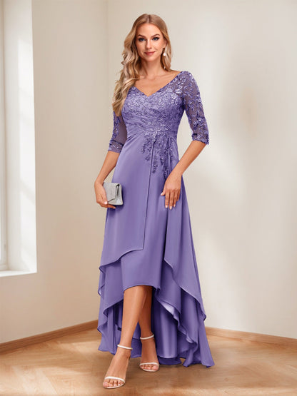A-Line V-Neck Half Sleeves Asymmetrical Mother of the Bride Dress
