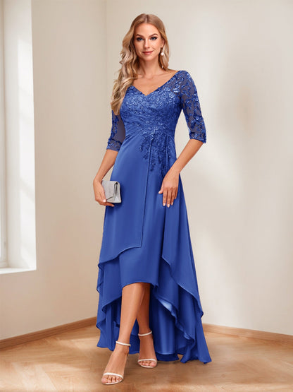A-Line V-Neck Half Sleeves Asymmetrical Mother of the Bride Dress