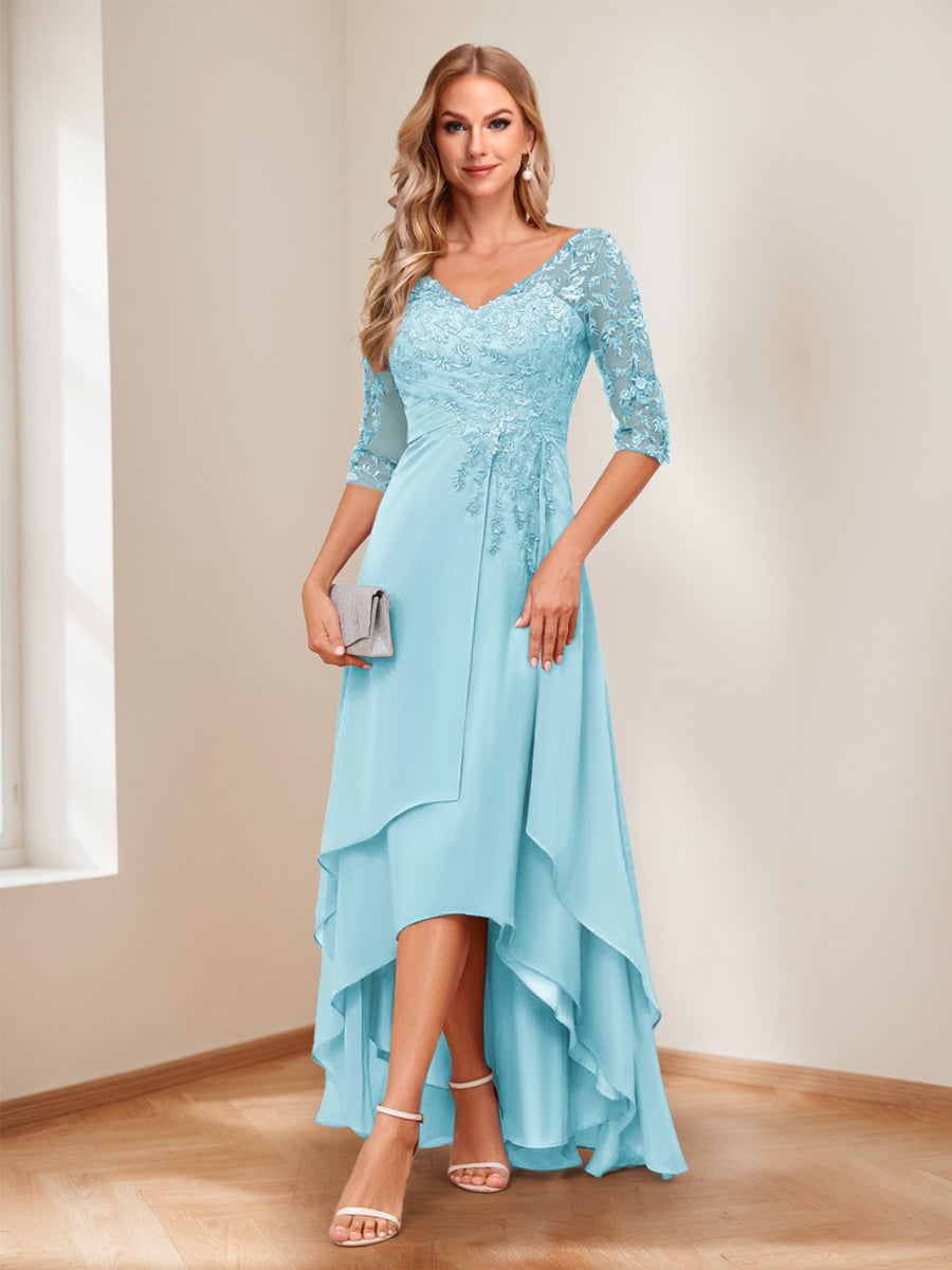 A-Line V-Neck Half Sleeves Asymmetrical Mother of the Bride Dress