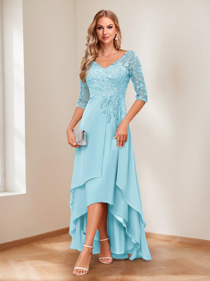 A-Line V-Neck Half Sleeves Asymmetrical Mother of the Bride Dress