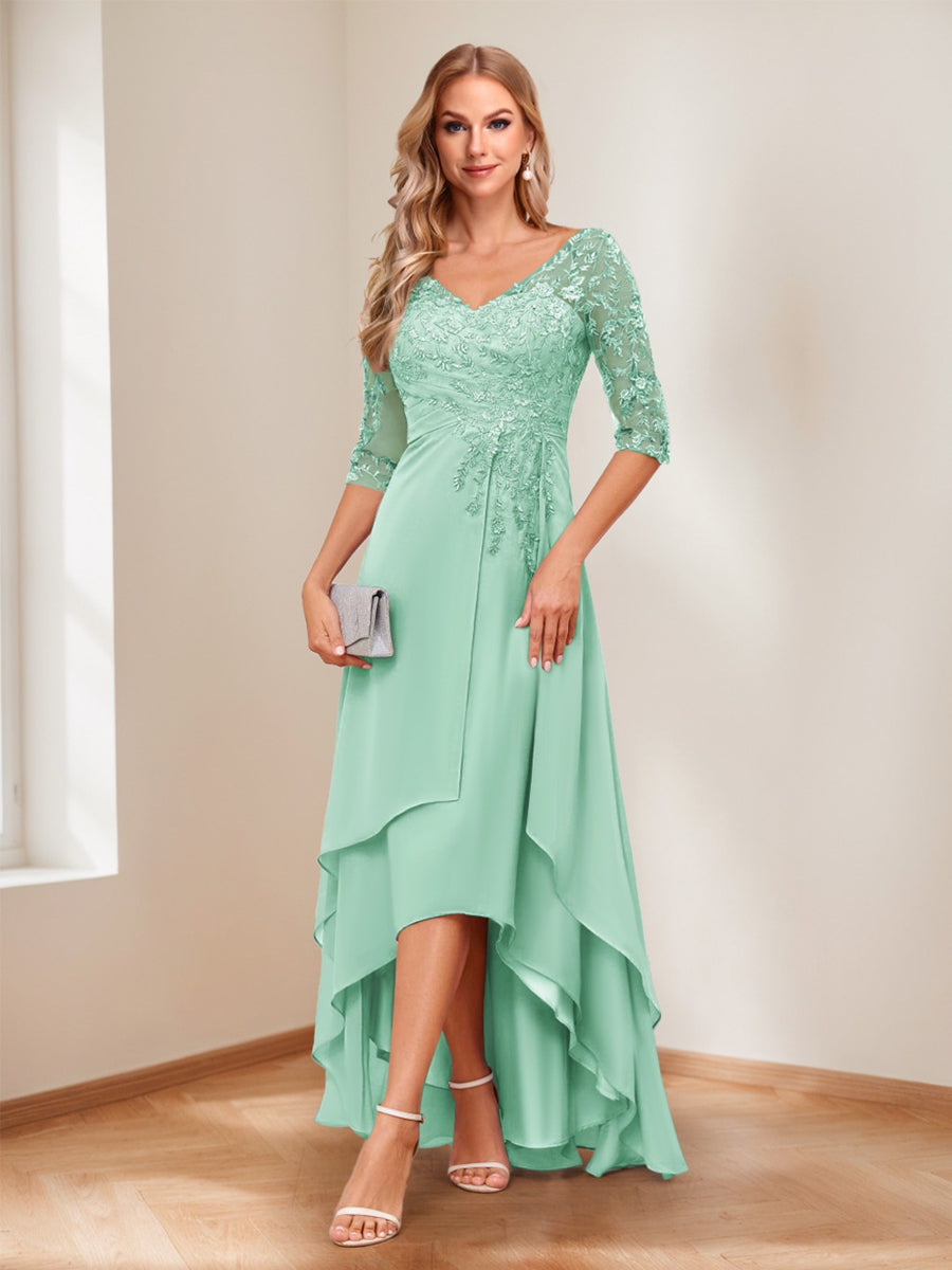 A-Line V-Neck Half Sleeves Asymmetrical Mother of the Bride Dress