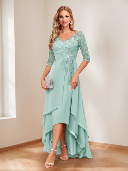 A-Line V-Neck Half Sleeves Asymmetrical Mother of the Bride Dress