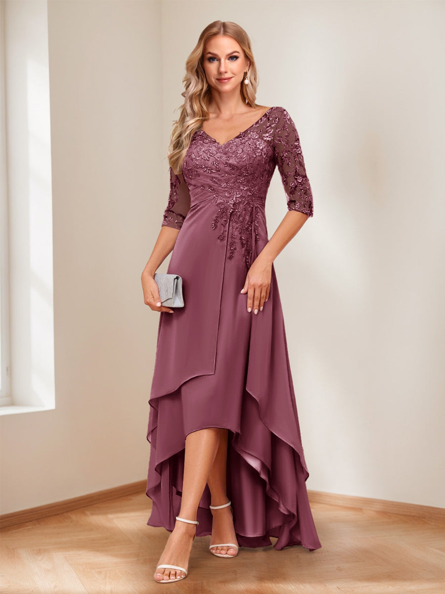 A-Line V-Neck Half Sleeves Asymmetrical Mother of the Bride Dress