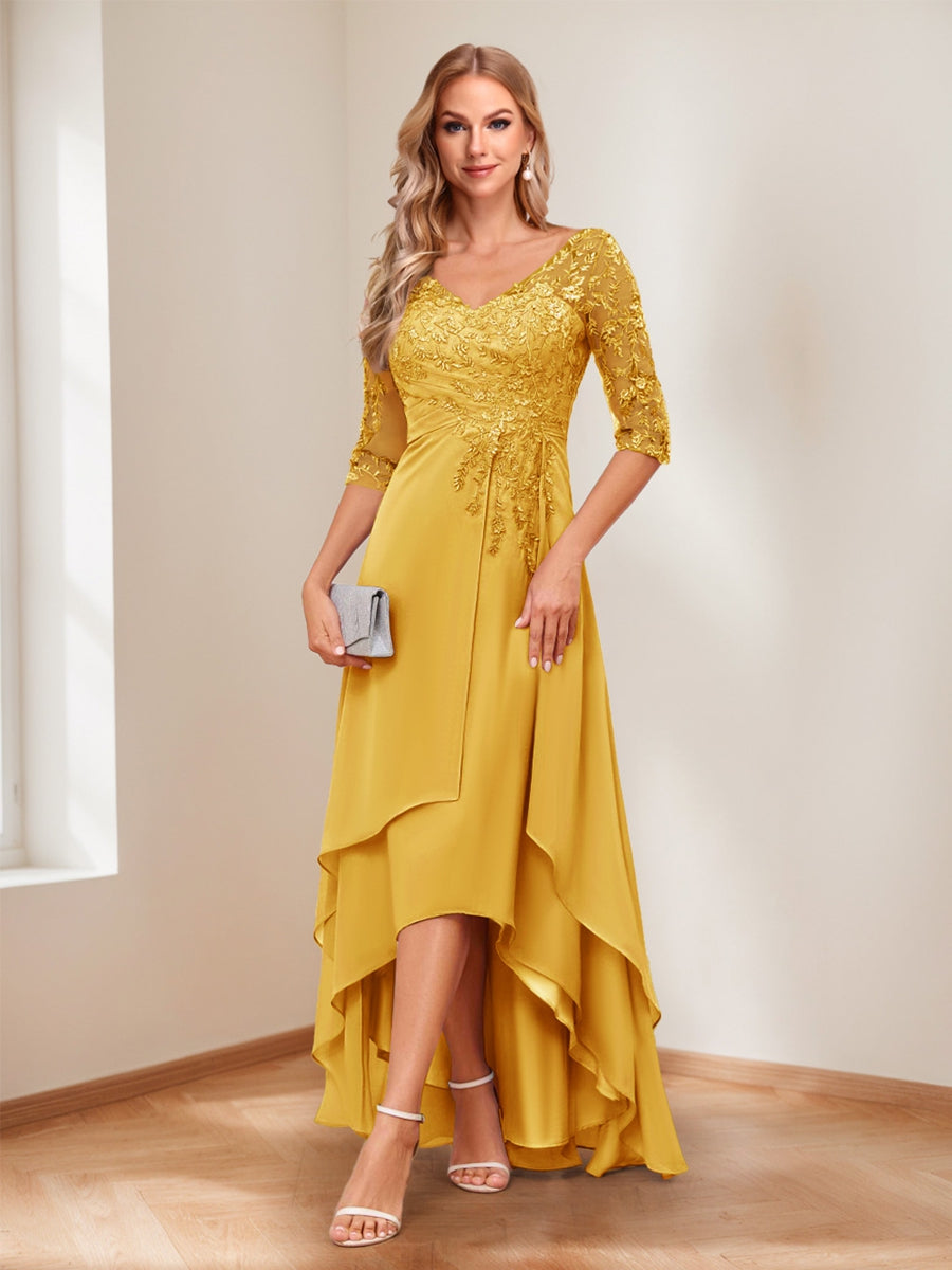 A-Line V-Neck Half Sleeves Asymmetrical Mother of the Bride Dress
