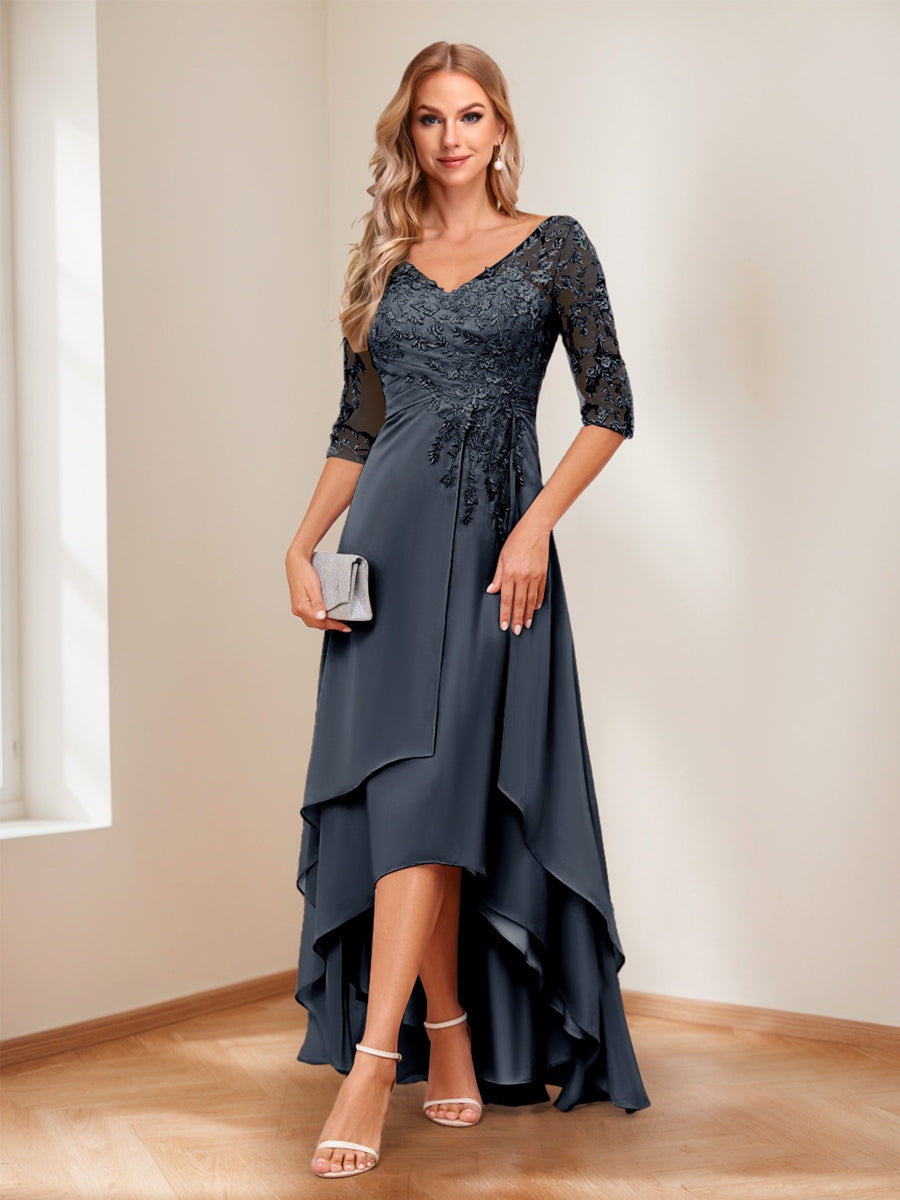 A-Line V-Neck Half Sleeves Asymmetrical Mother of the Bride Dress