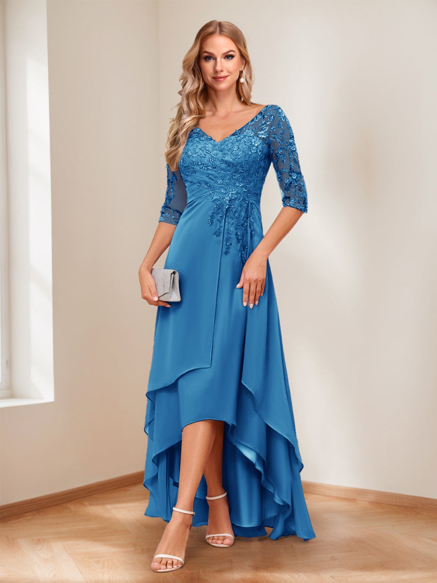 A-Line V-Neck Half Sleeves Asymmetrical Mother of the Bride Dress
