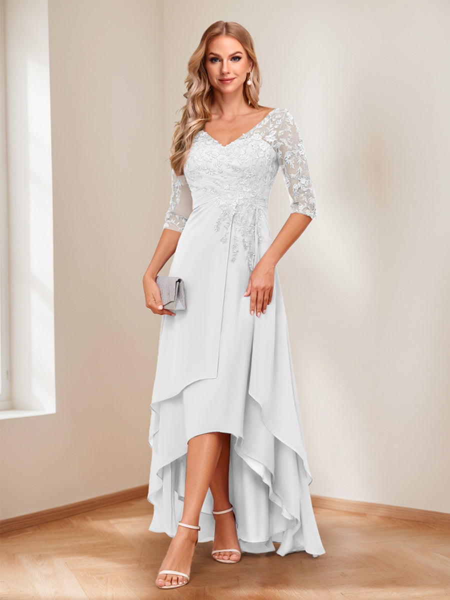 A-Line V-Neck Half Sleeves Asymmetrical Mother of the Bride Dress