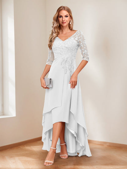 A-Line V-Neck Half Sleeves Asymmetrical Mother of the Bride Dress