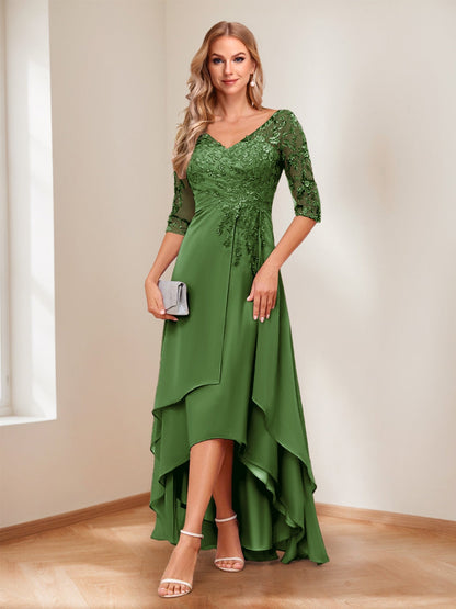 A-Line V-Neck Half Sleeves Asymmetrical Mother of the Bride Dress