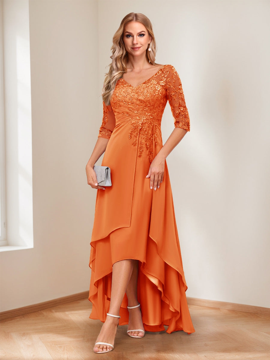 A-Line V-Neck Half Sleeves Asymmetrical Mother of the Bride Dress