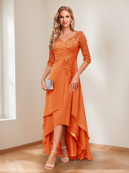 A-Line V-Neck Half Sleeves Asymmetrical Mother of the Bride Dress