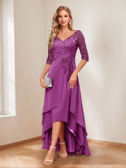 A-Line V-Neck Half Sleeves Asymmetrical Mother of the Bride Dress