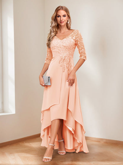 A-Line V-Neck Half Sleeves Asymmetrical Mother of the Bride Dress