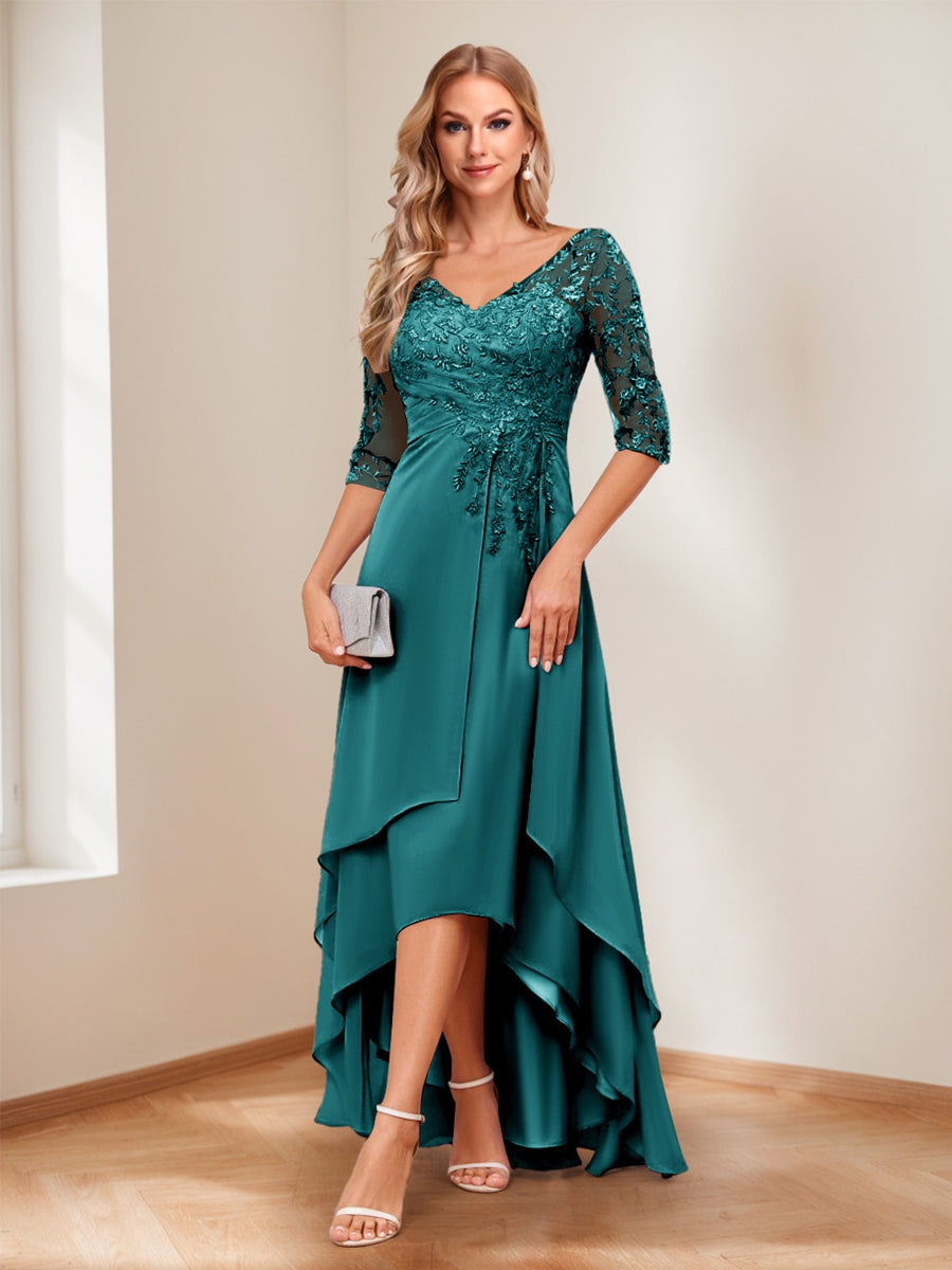 A-Line V-Neck Half Sleeves Asymmetrical Mother of the Bride Dress