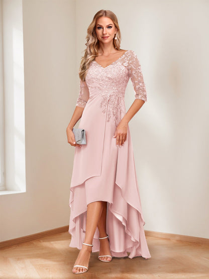 A-Line V-Neck Half Sleeves Asymmetrical Mother of the Bride Dress