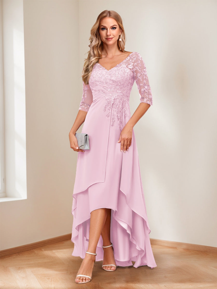 A-Line V-Neck Half Sleeves Asymmetrical Mother of the Bride Dress