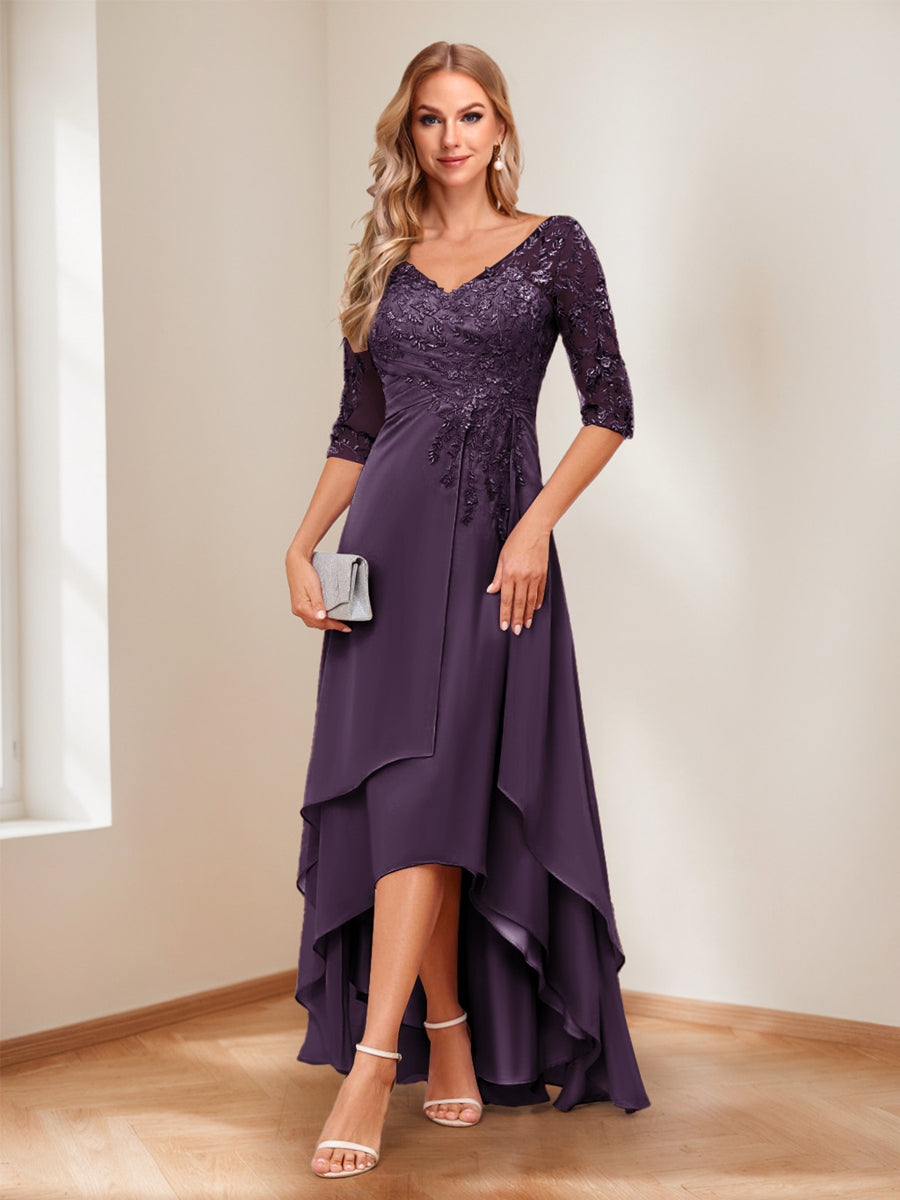 A-Line V-Neck Half Sleeves Asymmetrical Mother of the Bride Dress
