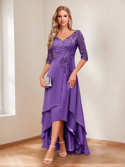 A-Line V-Neck Half Sleeves Asymmetrical Mother of the Bride Dress