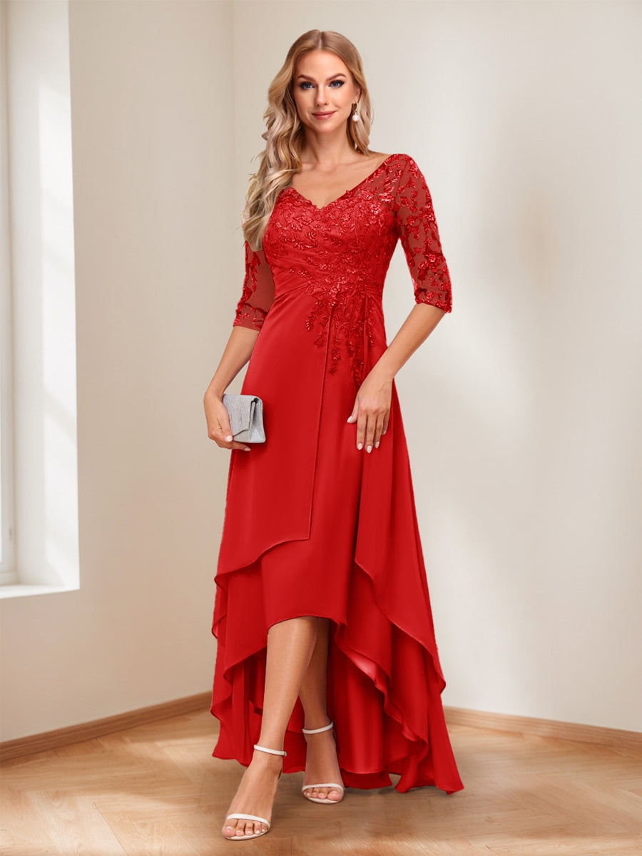 A-Line V-Neck Half Sleeves Asymmetrical Mother of the Bride Dress