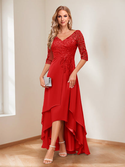 A-Line V-Neck Half Sleeves Asymmetrical Mother of the Bride Dress