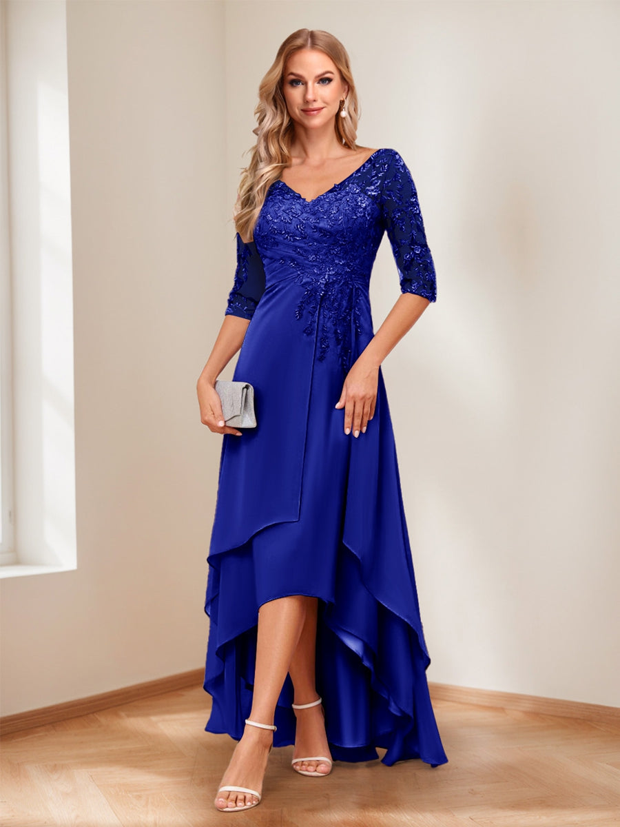A-Line V-Neck Half Sleeves Asymmetrical Mother of the Bride Dress