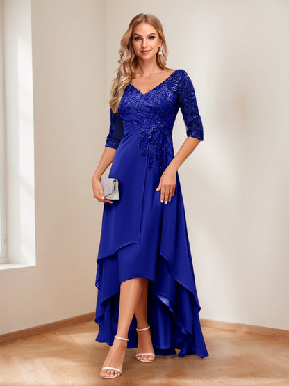 A-Line V-Neck Half Sleeves Asymmetrical Mother of the Bride Dress