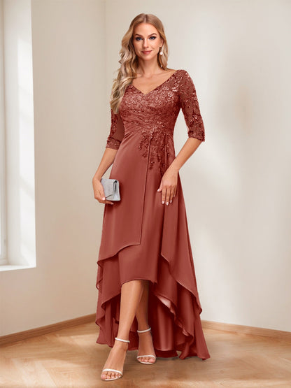 A-Line V-Neck Half Sleeves Asymmetrical Mother of the Bride Dress