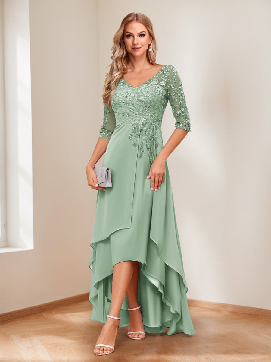 A-Line V-Neck Half Sleeves Asymmetrical Mother of the Bride Dress