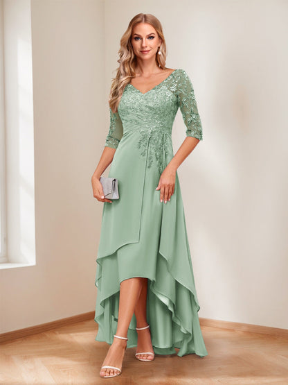 A-Line V-Neck Half Sleeves Asymmetrical Mother of the Bride Dress