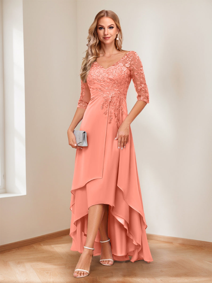 A-Line V-Neck Half Sleeves Asymmetrical Mother of the Bride Dress