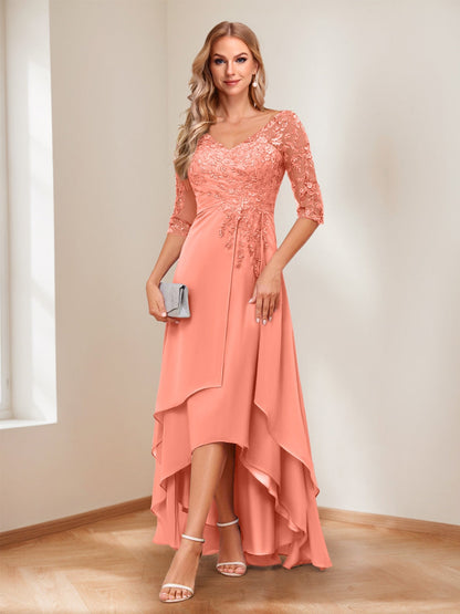 A-Line V-Neck Half Sleeves Asymmetrical Mother of the Bride Dress