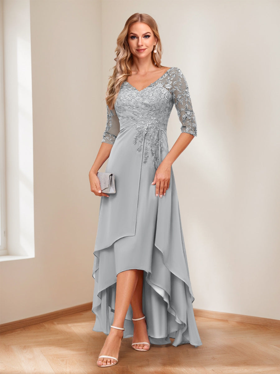 A-Line V-Neck Half Sleeves Asymmetrical Mother of the Bride Dress