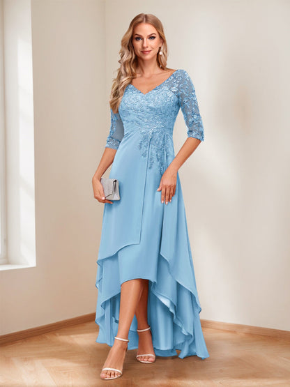 A-Line V-Neck Half Sleeves Asymmetrical Mother of the Bride Dress