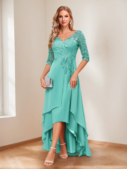 A-Line V-Neck Half Sleeves Asymmetrical Mother of the Bride Dress