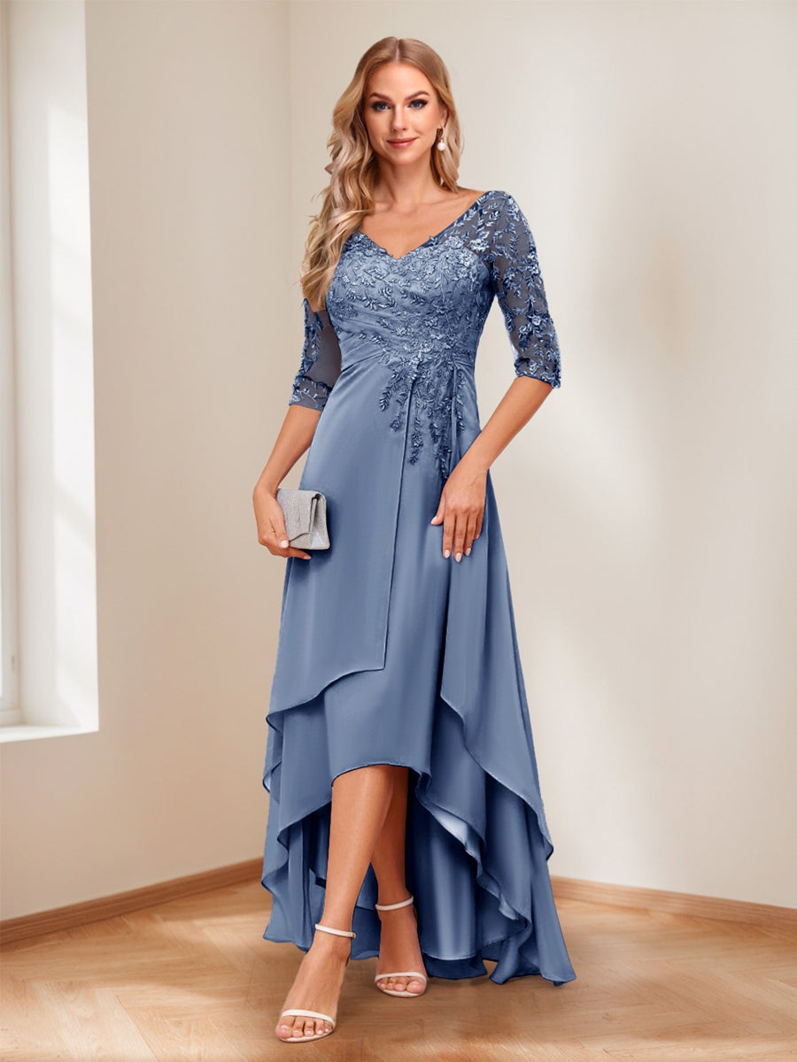 A-Line V-Neck Half Sleeves Asymmetrical Mother of the Bride Dress