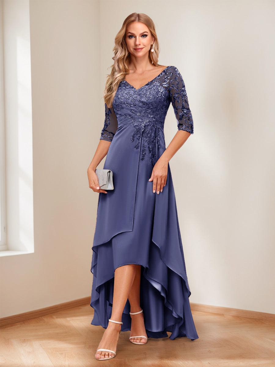 A-Line V-Neck Half Sleeves Asymmetrical Mother of the Bride Dress