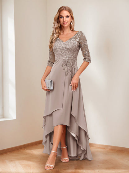 A-Line V-Neck Half Sleeves Asymmetrical Mother of the Bride Dress