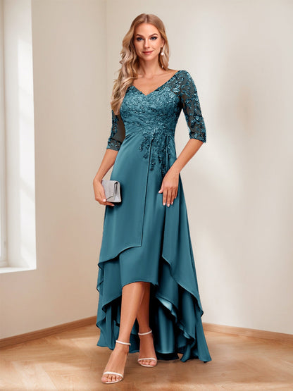 A-Line V-Neck Half Sleeves Asymmetrical Mother of the Bride Dress