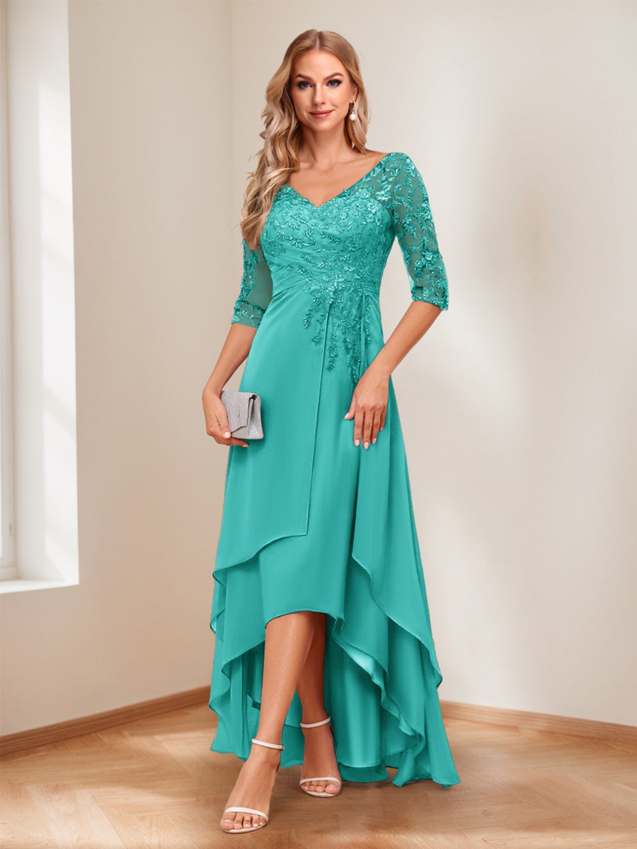 A-Line V-Neck Half Sleeves Asymmetrical Mother of the Bride Dress
