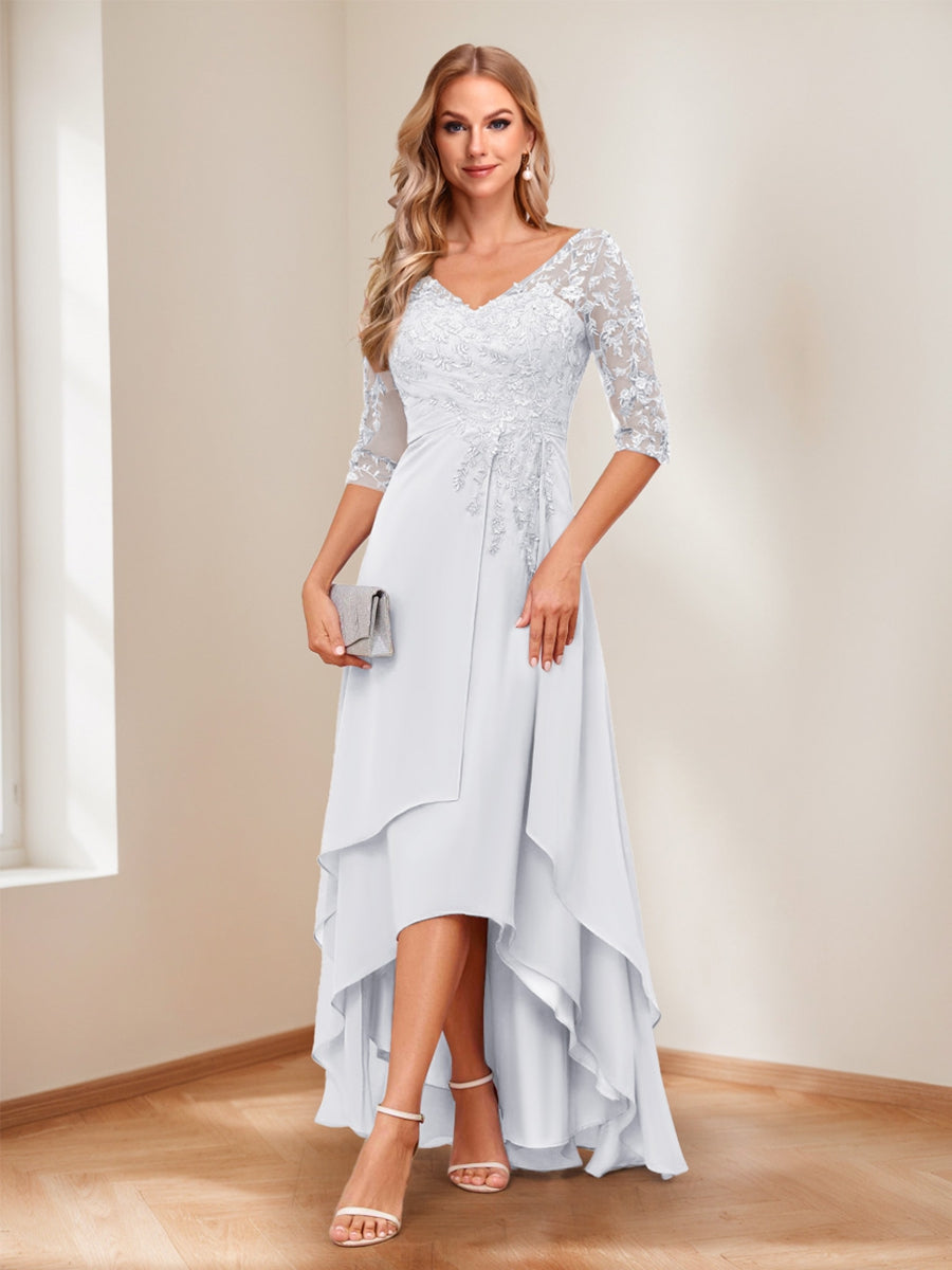 A-Line V-Neck Half Sleeves Asymmetrical Mother of the Bride Dress
