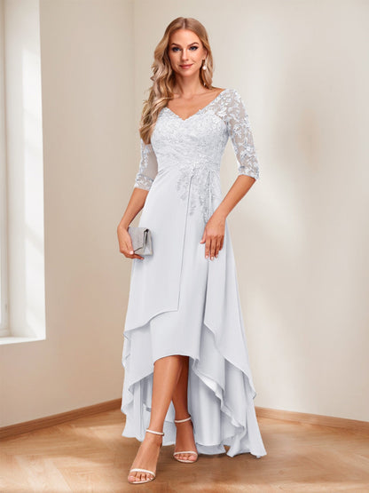 A-Line V-Neck Half Sleeves Asymmetrical Mother of the Bride Dress