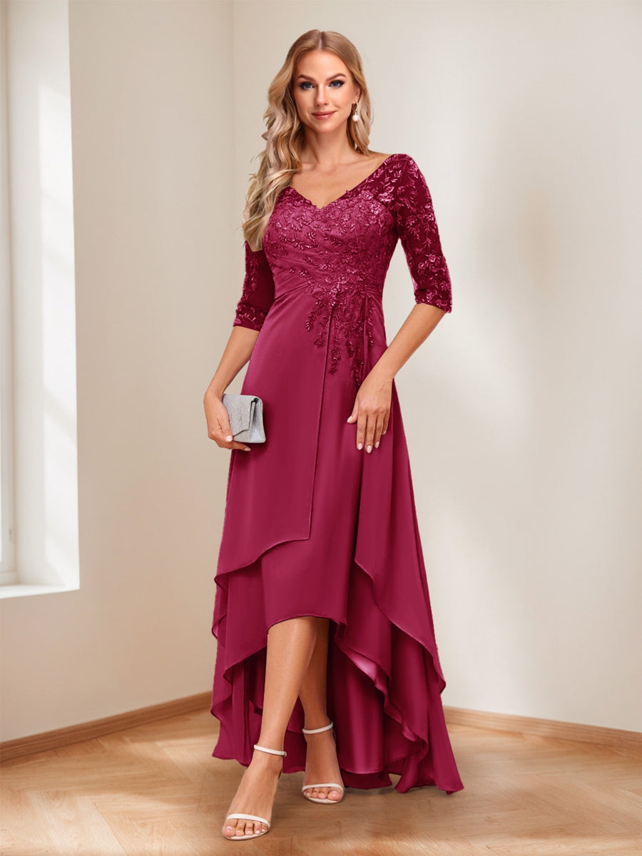 A-Line V-Neck Half Sleeves Asymmetrical Mother of the Bride Dress