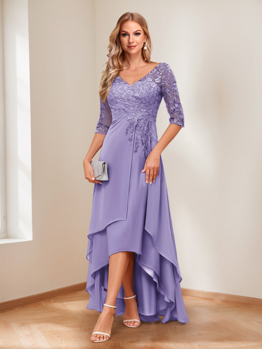 A-Line V-Neck Half Sleeves Asymmetrical Mother of the Bride Dress